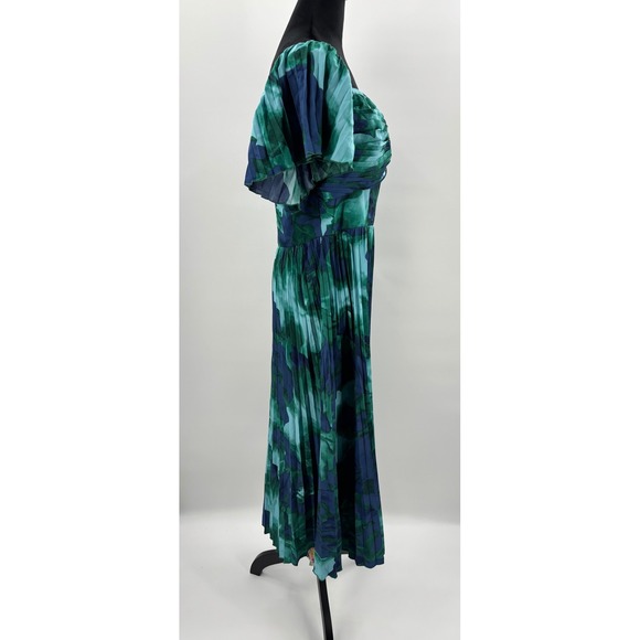 Lulus Midi Dress Blue Green Tie Dye Pleated Flutter Sleeve Square Neck XL - Picture 7 of 13